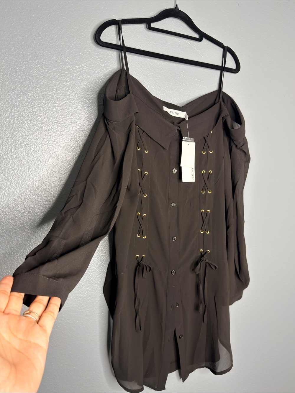JustFab Black Cold-Shoulder Lace-Up Fairy Grunge Peasant Goth Blouse Large NWT